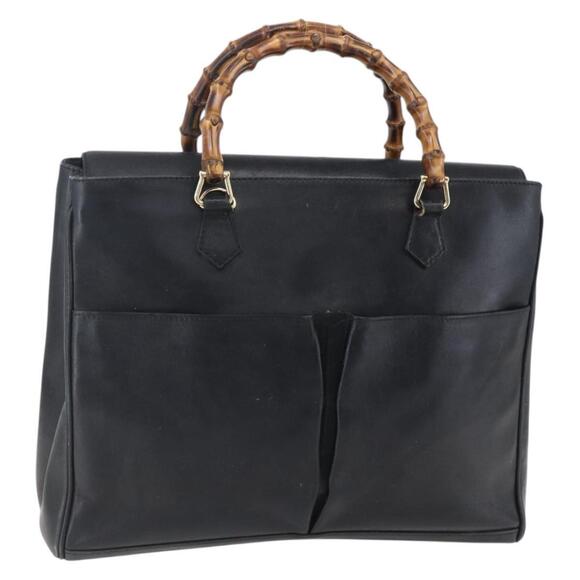 GUCCI Bamboo Hand Bag Leather Black Gold Auth ep11949